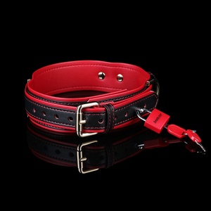 Red & Black Adjustable Leather BDSM <b>Collar</b> with Lock and Metal Chain, Fetish <b>Bondage</b> Neck Accessory for Adult Role Play - Product Image 3