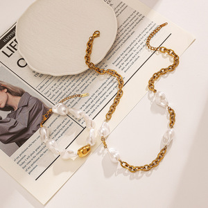 Stainless Steel Necklace <b>Bracelet</b> <b>Set</b> With Baroque Pearls 18K Gold Plated Adjustable For Women Everyday Wear - Product Image 3