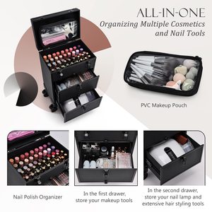 Maleta de Maquillaje con Ruedas y 2 Cajones Grandes, Bolsa de Maquillaje de Viaje, Maleta para Técnicos de Uñas, Carrito de Salón, Carro de Cosméticos - Product Image 2