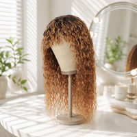 Perruque complète sans colle, fabriquée à la machine, en cheveux indiens longs 100% vierges, blond miel, bouclés Jerry, avec frange aérienne, haute densité, sans dentelle