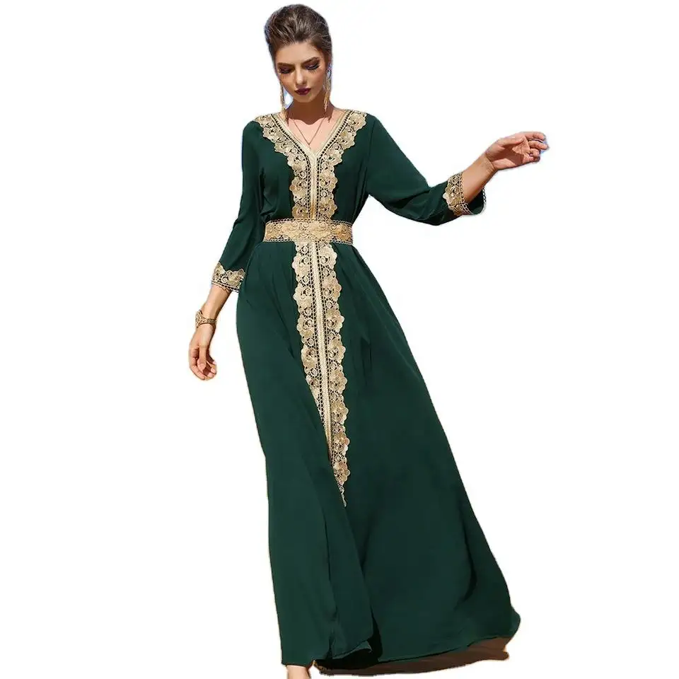 Splendido abito mediorientale da donna in pizzo ricamato verde scuro elegante vacanza retrò