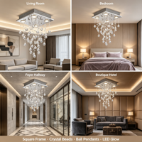 Lustre moderne en cristal en forme de goutte de pluie, plaque de plafond en acier inoxydable argenté, luminaire suspendu en cristal cascade pour salon