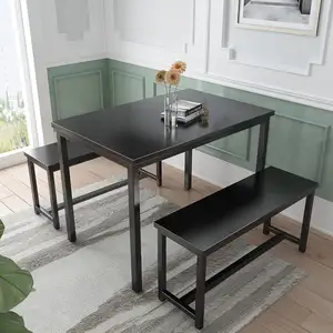 Rein schwarzer rechteckiger Tisch mit 2 Bänken Ideal für Esszimmer Einfache Montage Esstisch Platzsparend