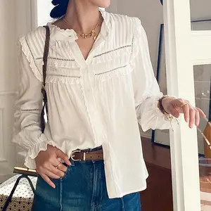 Vintage Court Stijl Casual Vrouwen Shirt Oem Puff Lange Mouw Vrouwen Ruches Partij Witte Blouses Elegante Blouses Office Lady