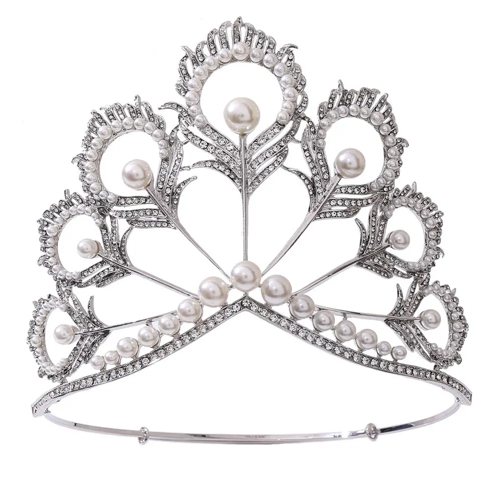 Miss Universe crown baroque full crystal pearl crowns for queens bridal wedding tiara elegant feather pearl high crown tiara