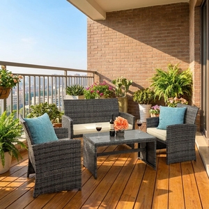 Durable 4 Piece Outdoor Rattan Wicker Furniture Set Stylish Patio Sofa Set with Coffee <b>Table</b> and Soft Cushions for Deck Patio - Product Image 1