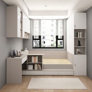 Low Cost Small Apartment Bedroom Furniture Wooden Tatami Bed with Storage Desk Open Shelves & Built-in Wardrobe for Compact Room - Product Image 1
