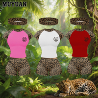 Ensemble Lounge d'été tendance pour femme en coton doux imprimé léopard avec bandeau - Haut à manches courtes raglan et short à revers 2026