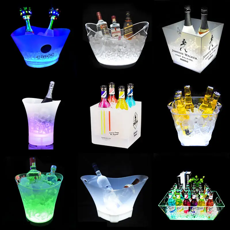 طباعة شعار مخصص الجملة الاكريليك البيرة البلاستيك دلو ثلج للمشروبات ملقط مع مصباح ليد