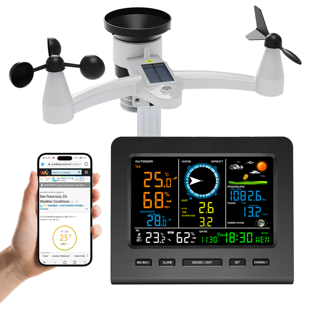 8-in-1 Wireless Weather Station WiFi Sync Solar Powered Outdoor Sensor 5%RH Accuracy Standing/Wall Hanging Mounting Real-time