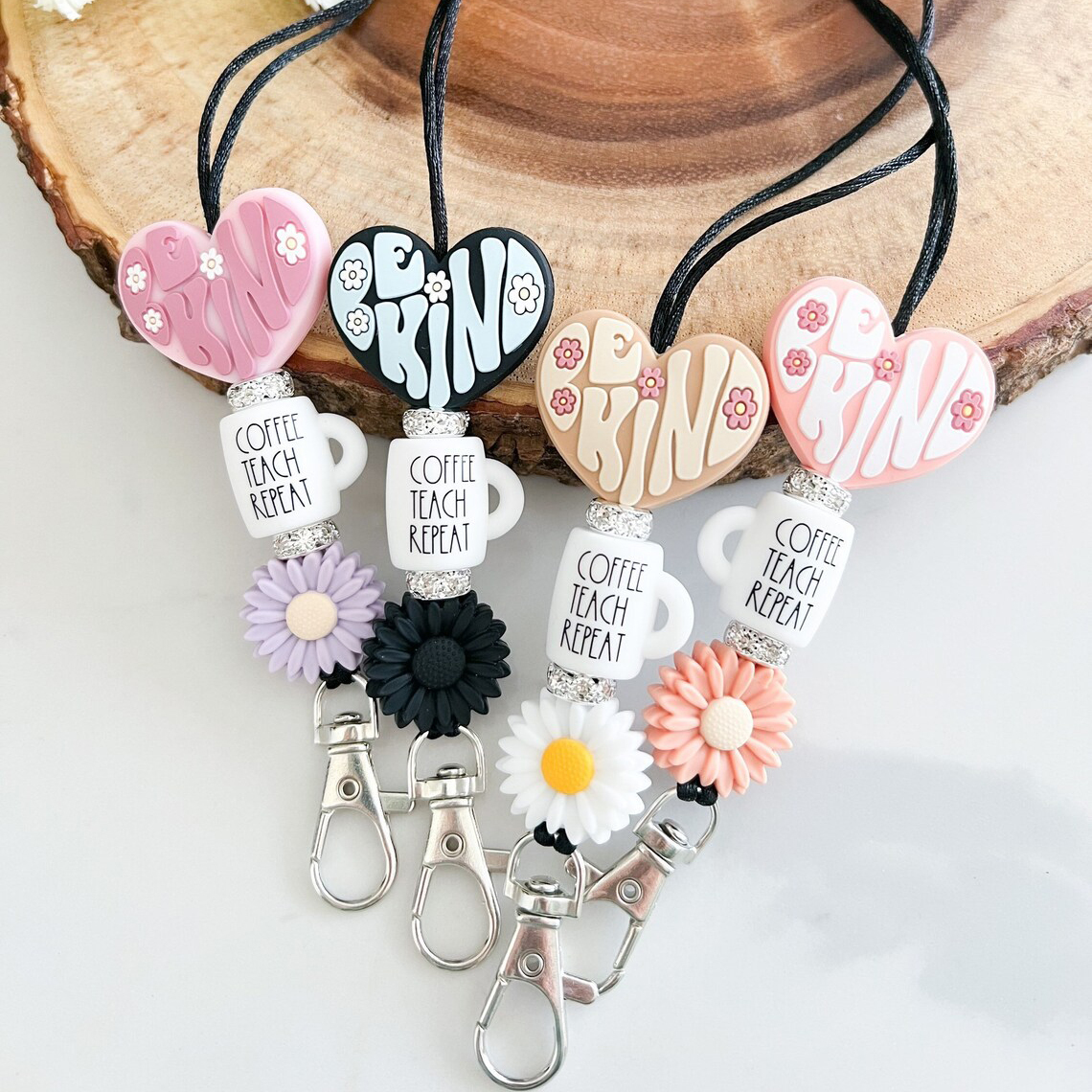 Custom Wood & Acrylic Silicone Beaded Lanyards with Safety Breakaway for Women Teachers Nurses Students-Embossed ID Badges Keys Image 4