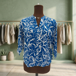Blusa de Popelina 100% Algodón con Estampado Floral Vintage Azul para Mujer, Manga Tres Cuartos, Cuello en V, Botones, Formal, Primavera Verano, Corte Regular - Product Image 2