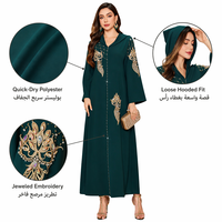 Robe longue ample à col en V avec appliques florales dorées et manches évasées ornées de strass |   Abaya de Luxe pour Occasions Spéciales, Robe de Soirée pour Femmes Musulmanes