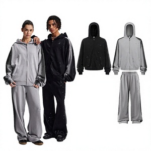Conjunto de Sudadera con Capucha Oversize Unisex, Color Sólido, Cierre Frontal con Cremallera, Sudadera y Pantalones de Felpa Francesa, Transpirable, Estilo Lavado, Ropa de Otoño - Product Image 3
