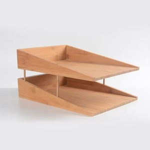 Two-tier bamboo office desk <b>storage</b> box; bamboo desktop <b>file</b> folder <b>storage</b> box - Product Image 1