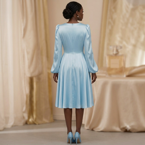 Robe mini élégante en satin bleu clair avec col en V profond, manches lanternes, coupe ajustée, robe de soirée, robe décontractée pour le printemps - Product Image 5