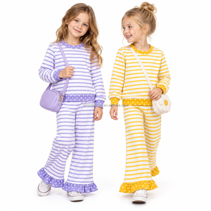 Ensemble de leggings évasés pour filles, en tissu yoga, pull rayé violet et pantalon à volants à pois pour enfants - Product Image 1