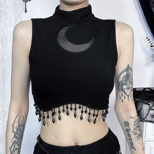 T-shirt court à col montant sexy punk Y2K avec chaîne lune, chic, débardeur court, style gothique, sans manches, haut court - Product Image 3
