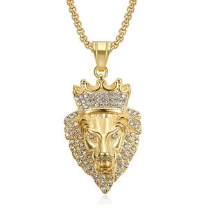 Yunnique – collier avec pendentif tête de lion en acier inoxydable, or, argent, couronne en strass, bijoux de fête Hip Hop pour hommes - Product Image 5