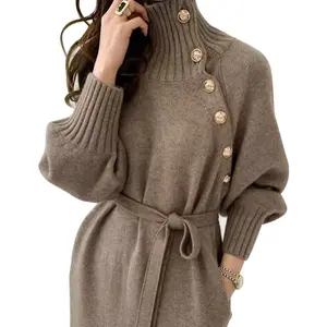 Women Sweater Winter Long Sleeve Knit Dress With Belt Button French Style Elegant Solid Color Sweater Casual Long Dress