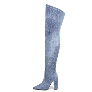 Women Over Knee High <b>Boots</b> Denim Upper Thigh High Side Zip Long Booties Large Size 47 for Wide Leg Jeans Chunky Heels Shoes - Product Image 3
