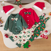 Ensemble de vêtements de Noël pour bébé Guai RTS, Combinaison en velours et salopette à bretelles imprimées, Bonnet de Père Noël pour nourrissons