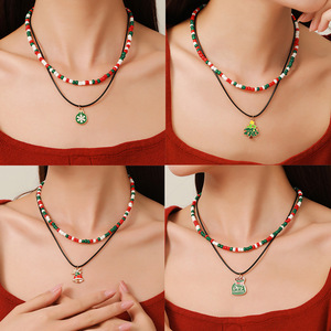 Christmas Layered <b>Necklace</b> Women's Double Strand Beaded Choker With Pendant Gift Jewelry - Product Image 1