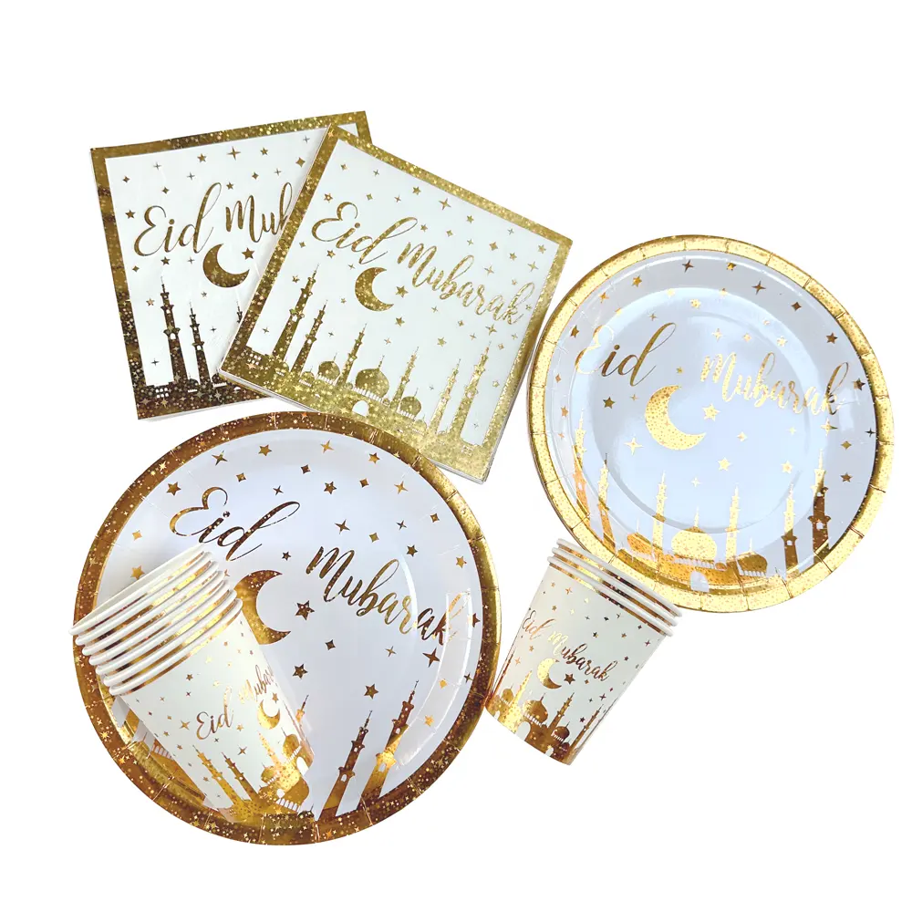 Glitter Shinny Moon Star piring lebaran, peralatan makan Set Lebaran Mesjid kemasan emas sekali pakai cangkir serbet