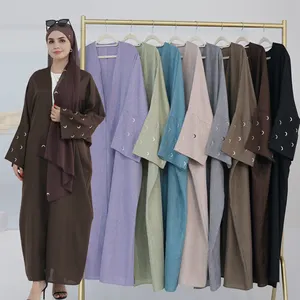 Stokta yüksek kalite kadınlar Dubai Qamar Abaya Eid keten alçakgönüllü tarzı ay nakış açık Abaya müslüman elbise hırka