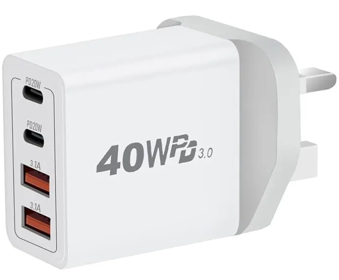 40W 4 พอร์ต USB C Charger อะแดปเตอร์ PD + QC USB Wall Charger มัลติพอร์ตเครื่องชาร์จ Type C ชาร์จอย่างรวดเร็ว UK ปลั๊กสําหรับ iPhone 15