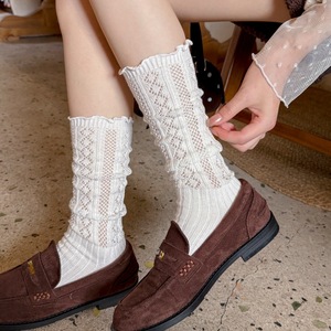 Women's <strong>Miu</strong> Style Ballet-core Slouch <strong>Socks</strong> Korean-style Mid-calf <strong>Socks</strong> Featuring an Argyle Openwork Pattern and Ruffled Trim - Product Image 1
