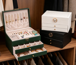 Caja de Joyería Grande de Cuero con Cerradura, Organizador Multicapa con Cajones y Ganchos para Collares para Mujer - Product Image 6