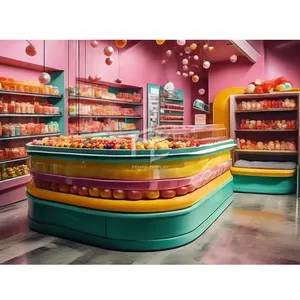 Custom Colorful Candy Lollipop Shop Decoration Wholesale Bespoke Mall Kiosk Wooden Snack Sweets Display Shelf Candy Store Design