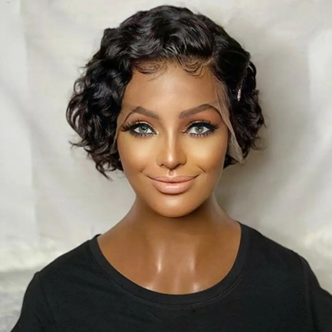 Brazilian Short Pixie Cut Human Hair Wigs Finger Waves Hairstyles For Black Women Cute Cheap Wig Remy 13*1 T type lace front wig