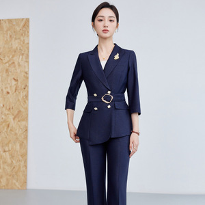 Women's Elegant Three Quarter Sleeve Suit Set Blue Blazer High-End Professional Commuting Anti-Wrinkle Polyester Worsted Summer - Product Image 3
