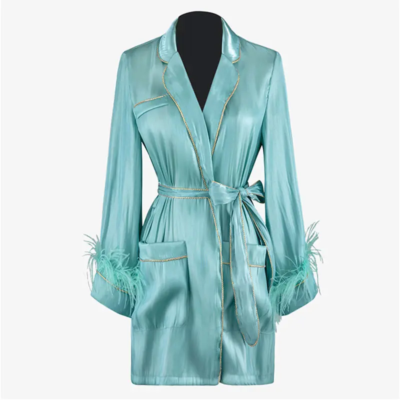 Bowknot Patchwork Feather Coat Female Long Sleeve Lapel Collar Lace Up Elegant Womens Coats