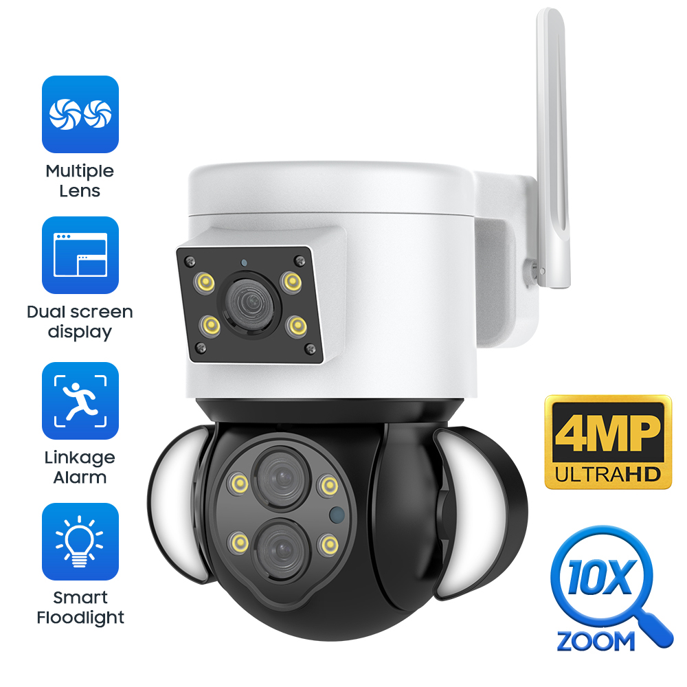 4MP+4MP HD Dual Lens 4X 10X zoomSolar Camera Wifi Surveillance Outdoor Battery Floodlight PTZ RIR Cam CCTV Long Standby