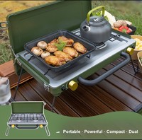 Réchaud de camping portable à double brûleur au butane, manuel, simple, coupe-vent, pliable, avec pare-vent pour pique-nique, barbecue, cuisine extérieure
