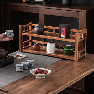 Walnut Wood Display Shelf Square <b>Teacup</b> Holder Chinese Style Tea Set Storage Rack Small Desktop Organizer - Product Image 3