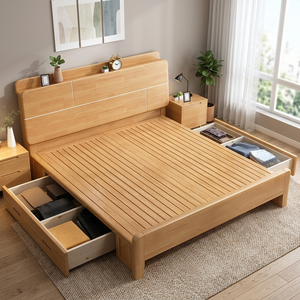 Modern Solid Teak Wood Storage Platform <b>Bed</b> <b>Frame</b> with Drawers Scandinavian Style Customizable Color & Size Bedroom Furniture - Product Image 3