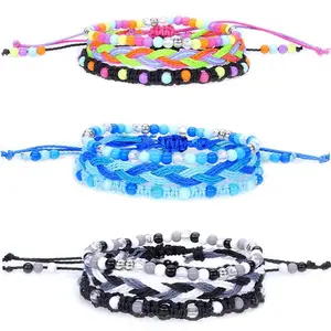 3Pcs Bracelets en corde de perles empilables colorées Bracelet tissé tressé fait à la main Bracelet réglable imperméable enduit de cire pour adolescent