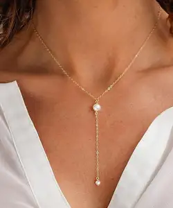 Colar de pérolas em forma de Y Colar de pérolas, colar feminino requintado ajustável com corrente de ouro 14K cheia de pérolas