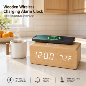 Réveil numérique multifonctionnel en bois avec chargeur sans fil rapide Qi, affichage de la température, horloge de bureau LED pour le bureau et la maison - Product Image 1