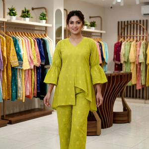 Ensemble haut et pantalon pour femme, couleur unie, col en V, manches évasées, tenue longue en 2 pièces, vêtements décontractés d'été - Product Image 1