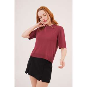 Blusa de Lycra de Manga Corta y Cuello Redondo para Mujer, Camiseta de Punto Delgada Color Borgoña al por Mayor - Product Image 2