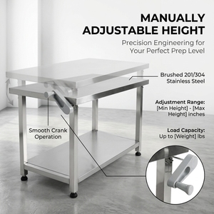 Table de travail à double niveau réglable en hauteur en acier inoxydable, table de travail commerciale à 2 niveaux - Product Image 1