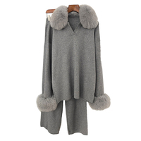 Ensemble Luxe Décontracté Deux Pièces en Laine Tricotée pour Femme Automne-Hiver, Pull et Pantalon, Col et Poignets en Véritable Fourrure de Renard, Motif Uni, Coupe Ample