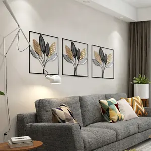 Decoración cuadrada 3D para el hogar, decoración de pared artística de Metal con diseño de hojas de rejilla metálica para sala de estar