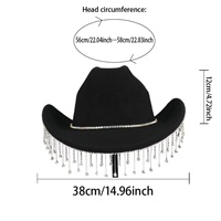 Chapeau de cowboy noir en feutre avec strass et longues franges, style gothique, pour fête, rave, enterrement de vie de jeune fille, festival de musique, pour femmes