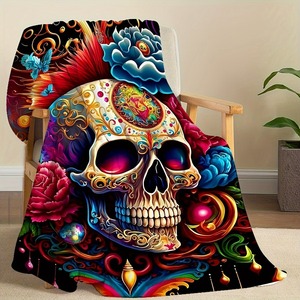 Wholesale Colorful Skull Floral Print Throw <b>Blanket</b> Rectangular Flannel <b>Blanket</b> Decoration Four Seasons Use - Product Image 2